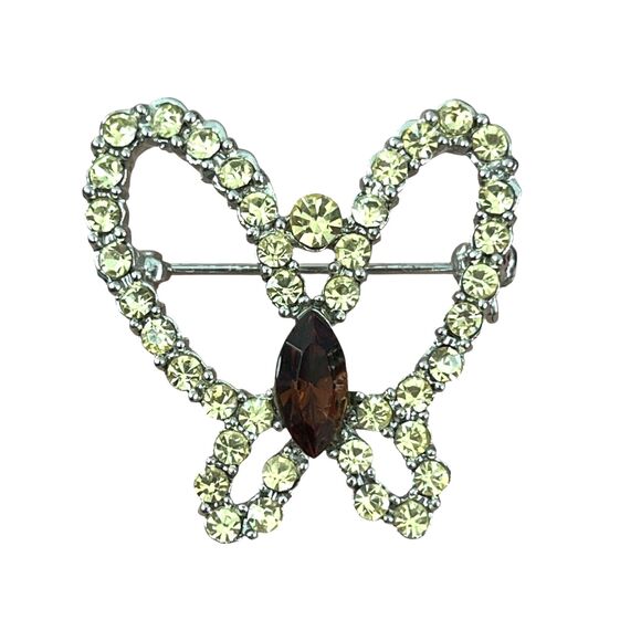 Vintage Jewelry - Vintage 1970s Rhinestone Butterfly Brooch Marquise Center Silver Tone Pin - 3P